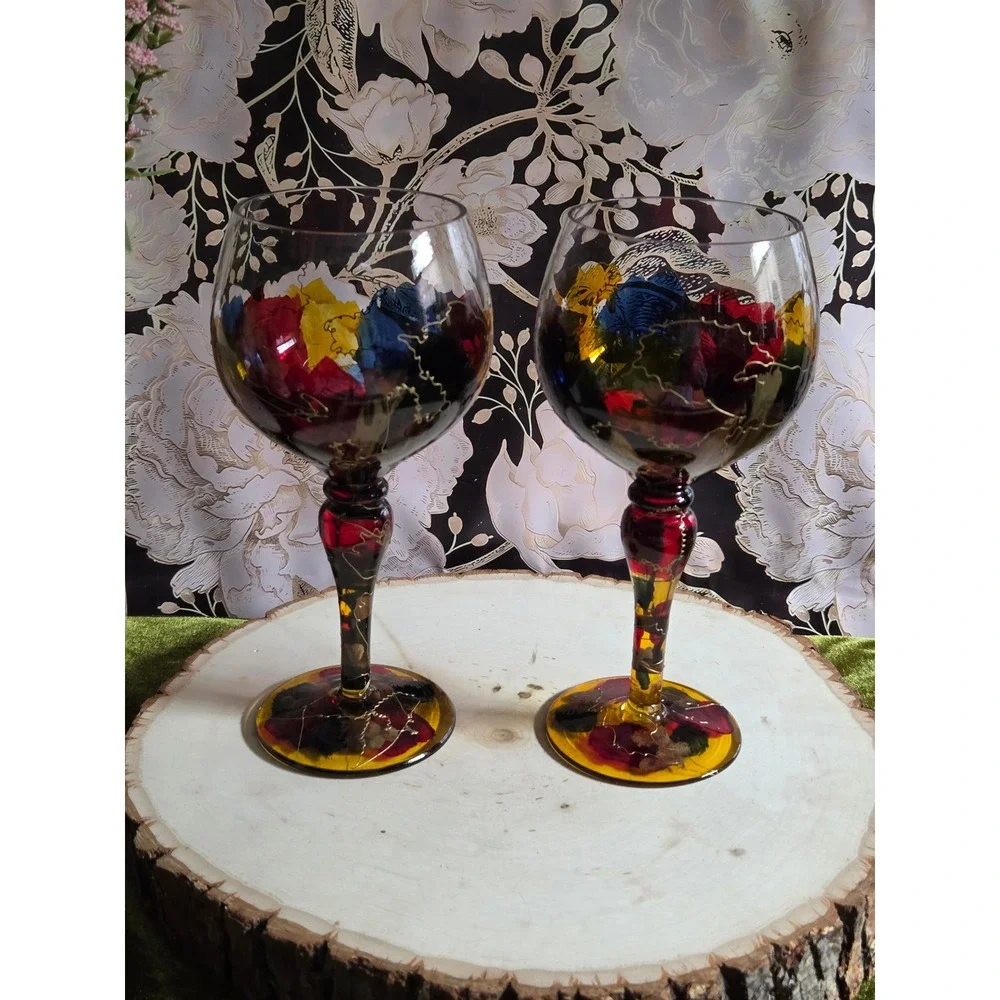 Euroglass‎ Stemware Hand Painted Abstract Wine Glasses Red Blue Yellow Gold Pair